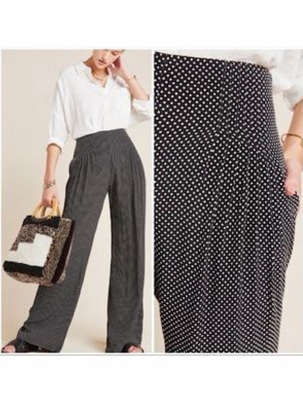 Anthropologie Maeve Cabo Black and White Polka Dot Wide-Leg Pants - Picture 2 of 10